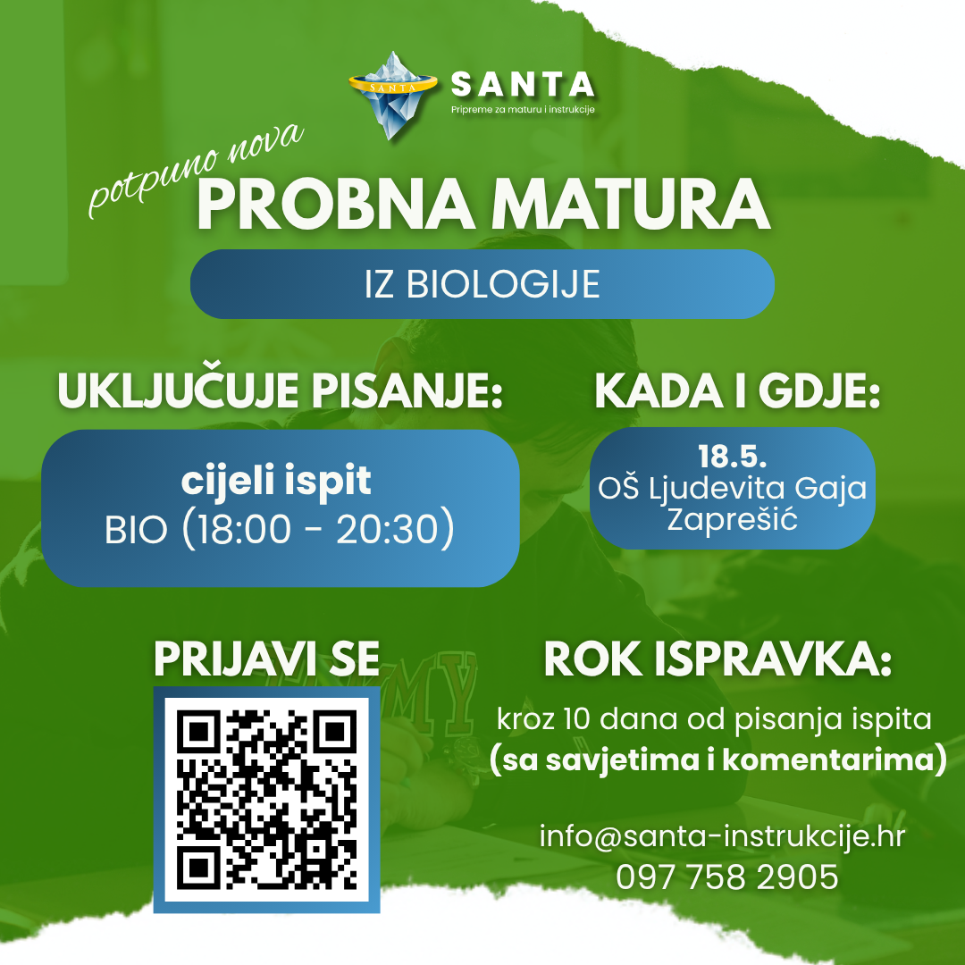 Probna matura 2026. – Fizika, biologija, kemija, SANTA Instrukcije Zaprešić